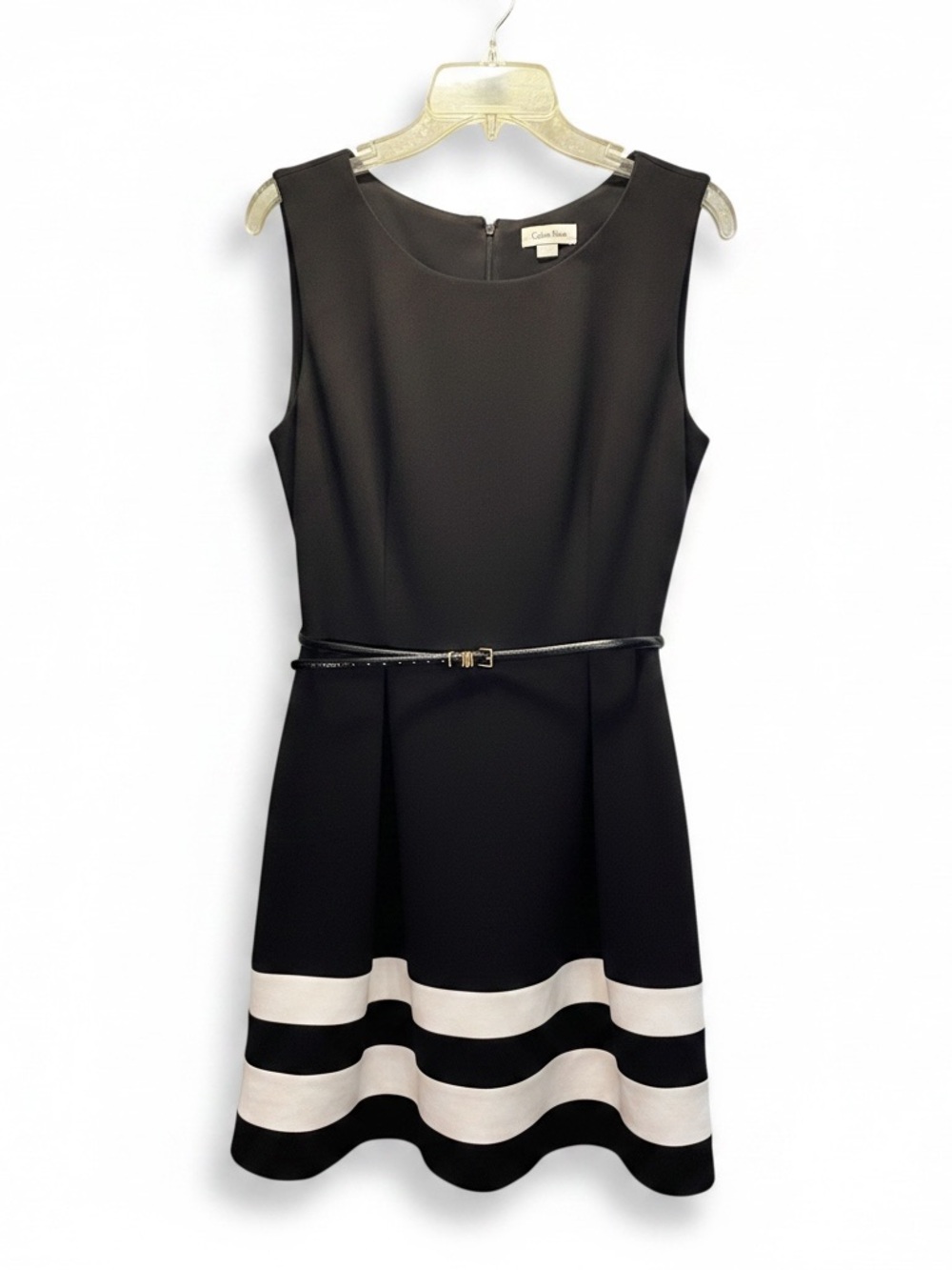 Calvin Klein Black White Fit & Flare Sleeveless Dress Belted Size 12